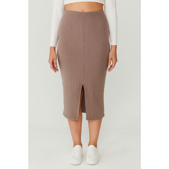 H&M Taupe Brown Ribbed Midi Skirt With Front Slit Stretch Size M - Picture 1 of 4